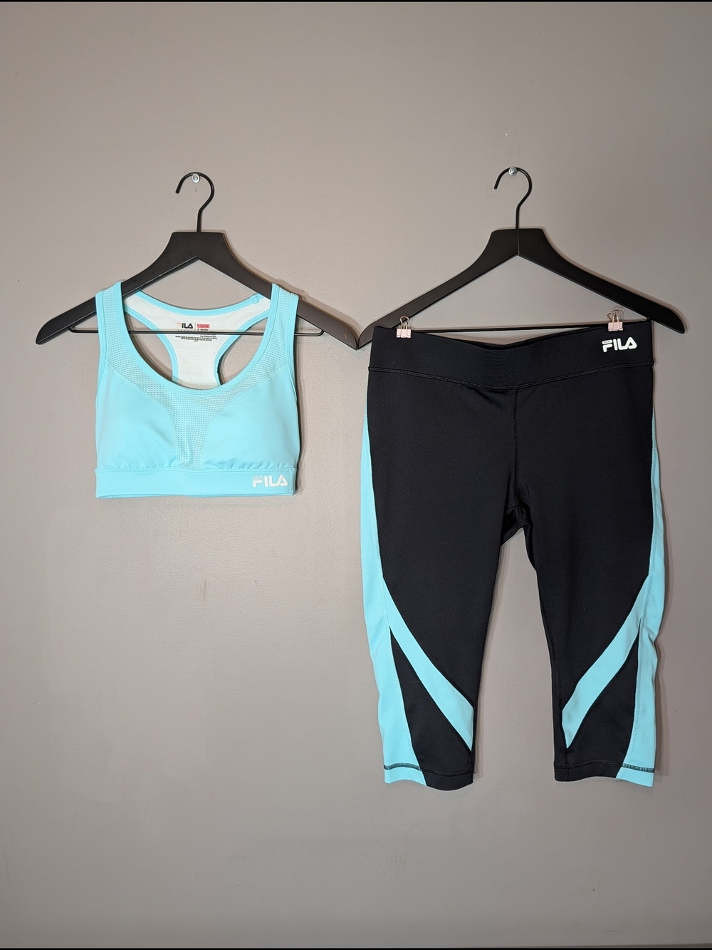 Fila Black and Light Blue Athletic Sport Bra and Capris Set